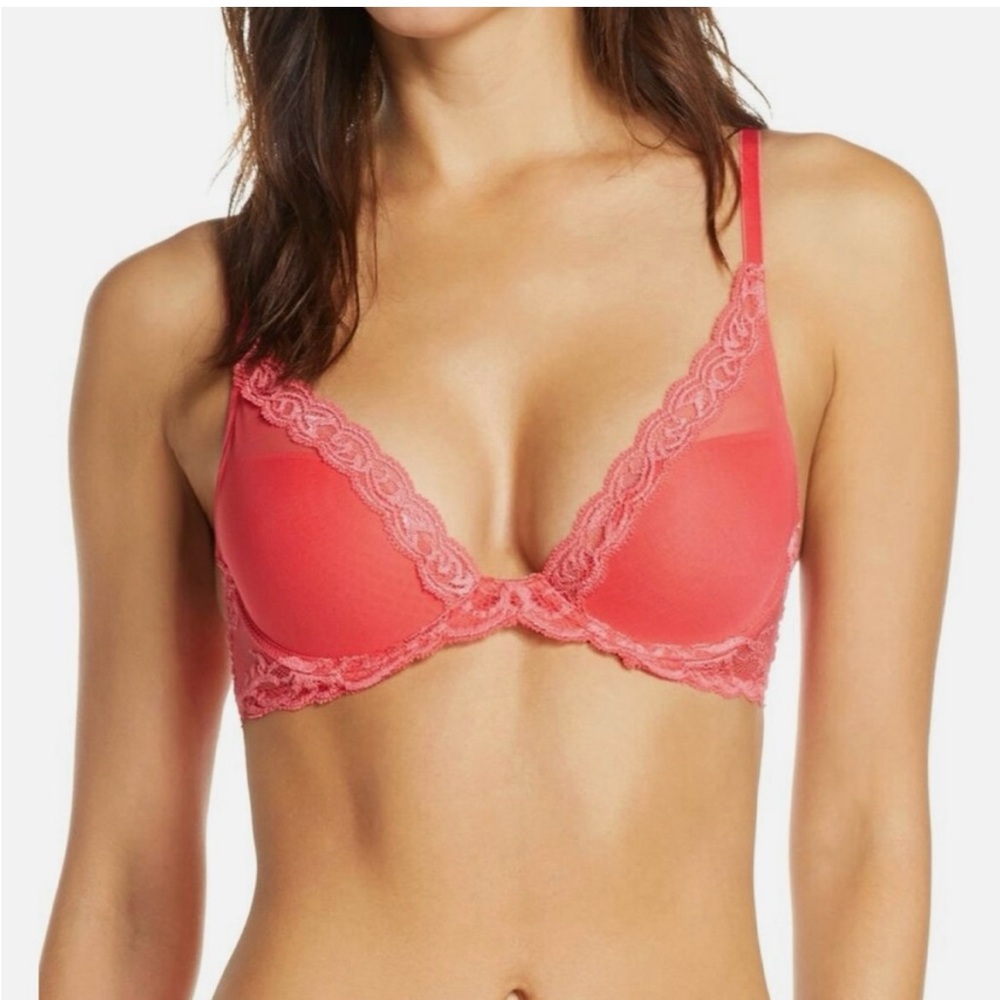 Natori feathers Lace Trim Bra, NWOT, 32DDD/ coral color